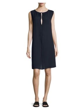 Theory Navy Silk Sleeveless Tie-Detail Shift Dress